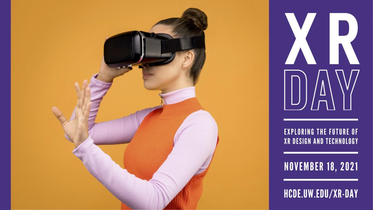 Graphic with event name, date, and image of woman in a VR headset on an orange background